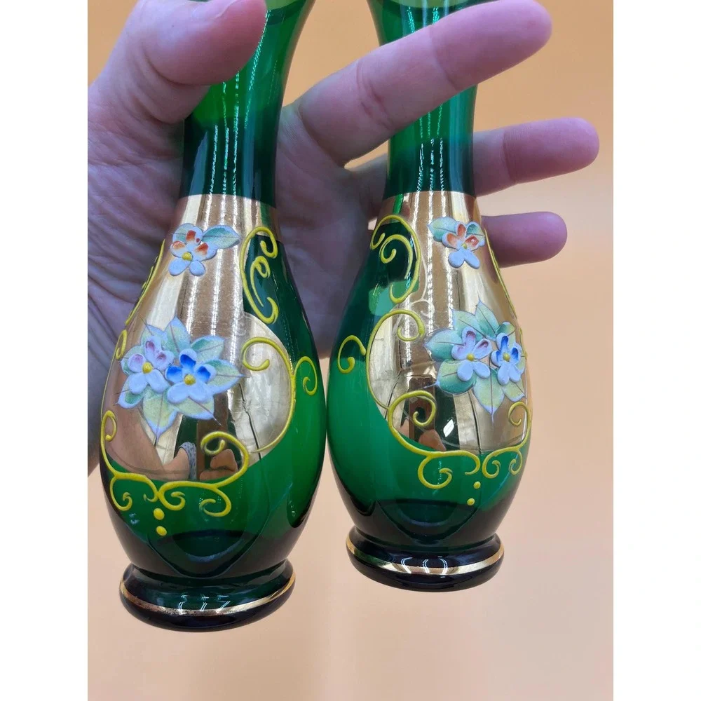 Vintage Royal Sealy Bud Vase Set: Green Glass Bohemian Floral Decor